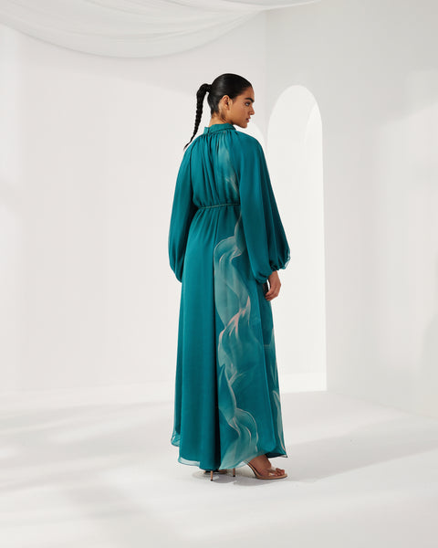 TEAL PRINTED CHIFFON OVERSIZED DRESS WITH BELT