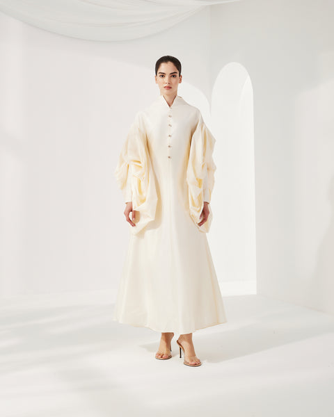 OFF WHITE TAFFETA SEMI FITTED DRESS WITH EXAGGERATED SLEEVES