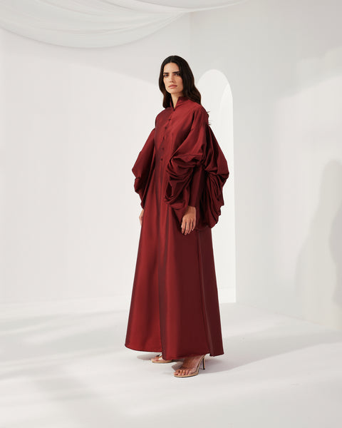 MAROON TAFFETA SEMI FITTED DRESS WITH EXAGGERATED SLEEVES