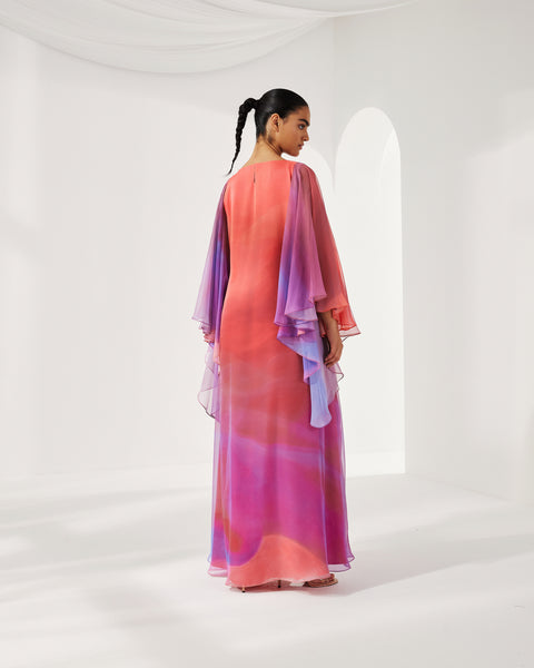 PINK MULTICOLOR PRINTED CHIFFON OVERSIZED DRESS WITH LONG SLEEVES