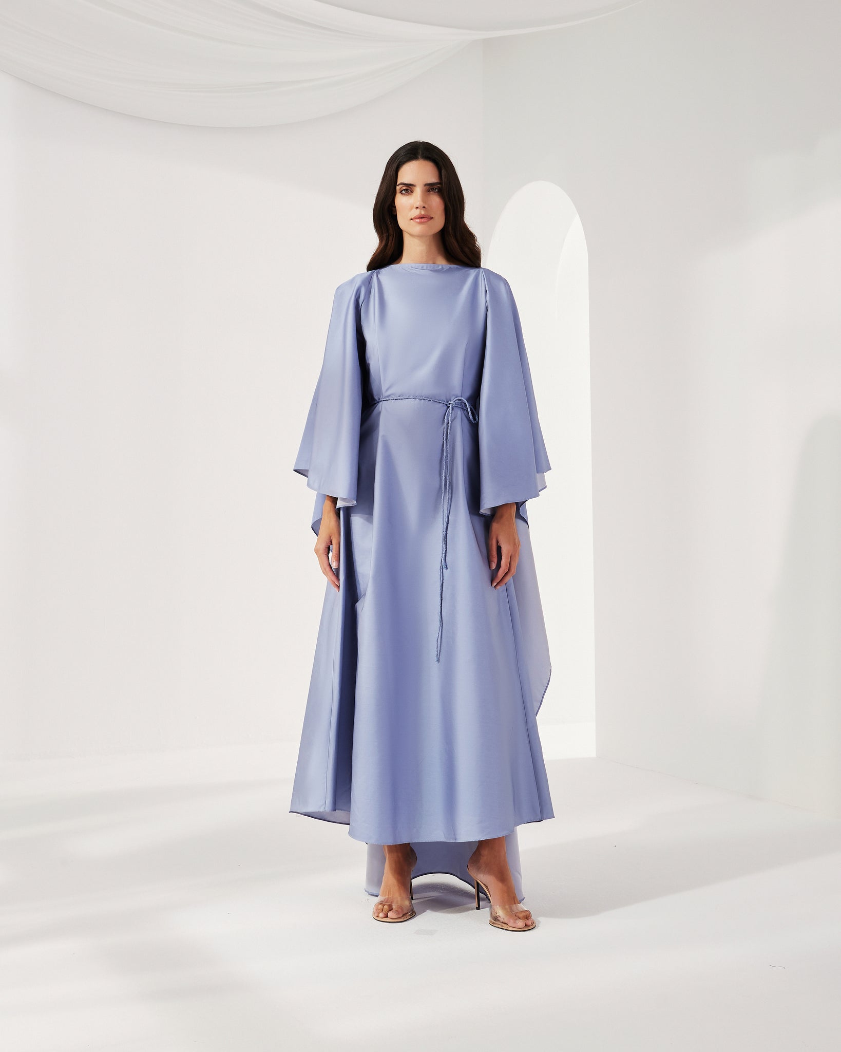 POWDER BLUE SATIN LOOSE FIT DRESS WITH ATTACHED CAPE AND BELT THA SEEN POWDER BLUE SATIN LOOSE FIT DRESS WITH ATTACHED CAPE AND BELT THA SEEN