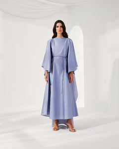 POWDER BLUE SATIN LOOSE FIT DRESS WITH ATTACHED CAPE AND BELT