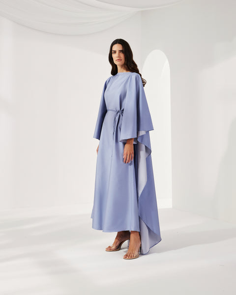 POWDER BLUE SATIN LOOSE FIT DRESS WITH ATTACHED CAPE AND BELT