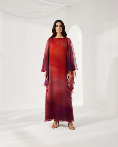RED MULTICOLOR PRINTED CHIFFON OVERSIZED DRESS WITH LONG SLEEVES
