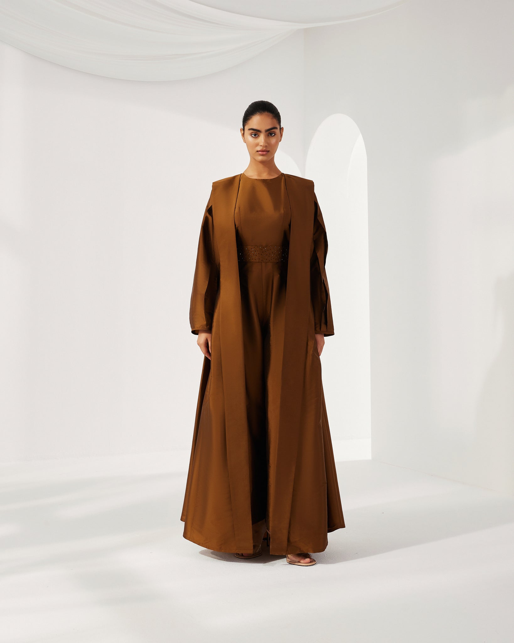BROWN TAFFETA ABAYA WITH INNER JUMPSUIT AND EMBROIDERED BELT
