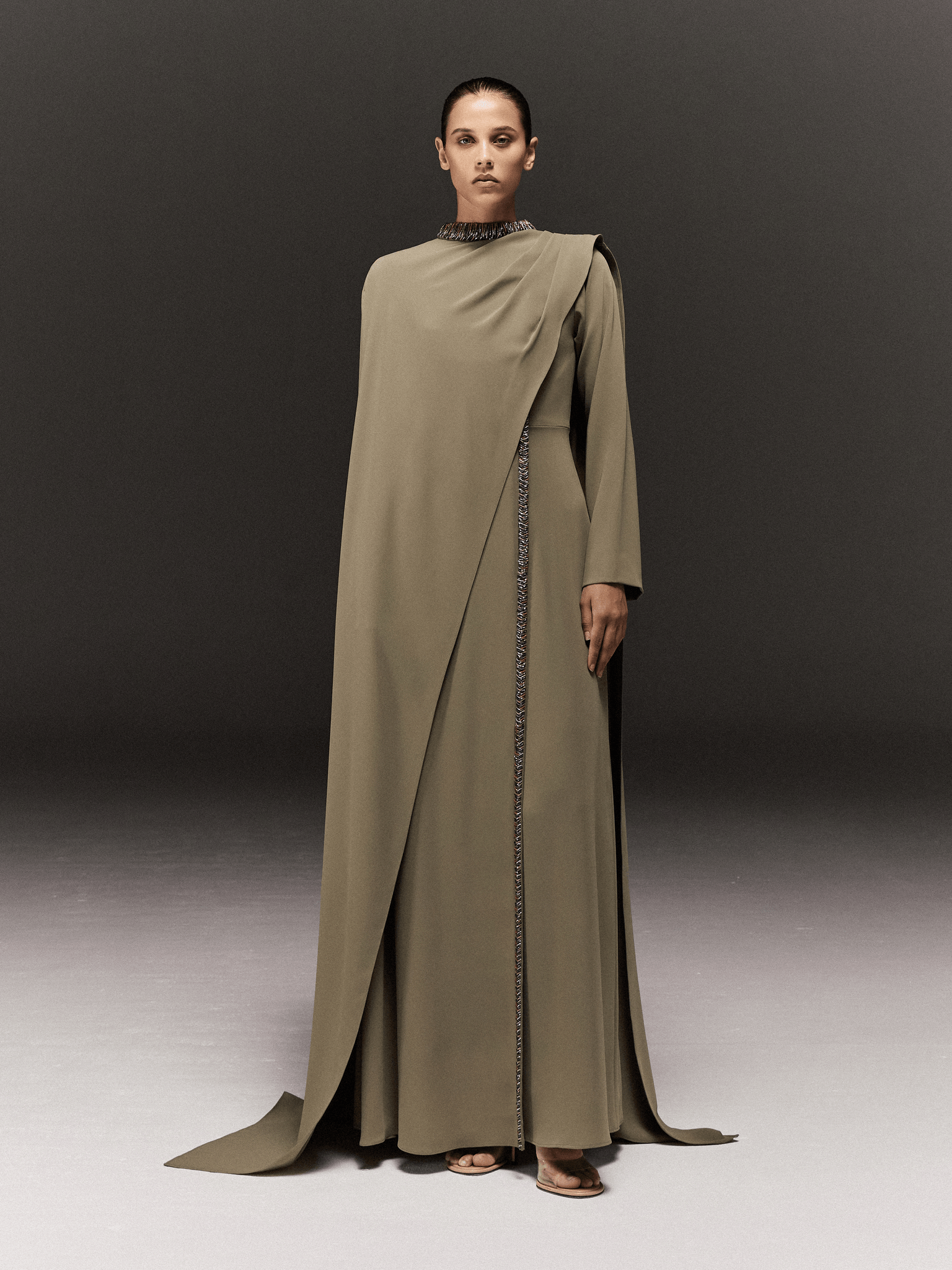 PISTACHIO SEMI FIT FULL SLEEVED DRESS WITH OVERLAY AND BEADED MULTICOLOR EMBROIDERY