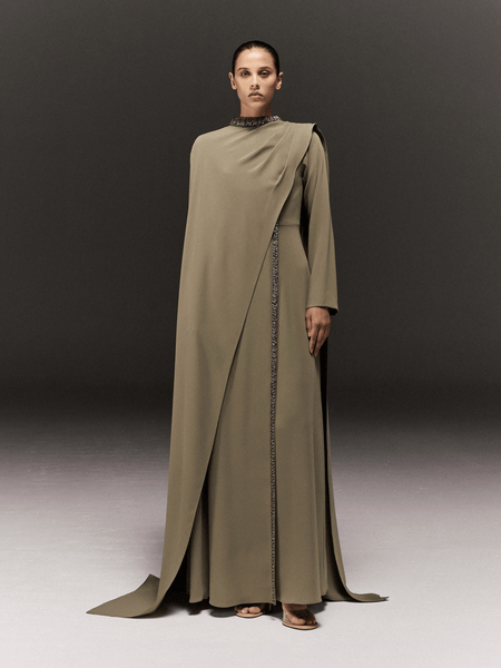 PISTACHIO SEMI FIT FULL SLEEVED DRESS WITH OVERLAY AND BEADED MULTICOLOR EMBROIDERY