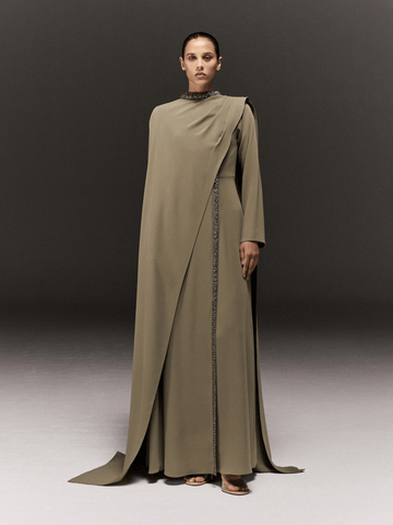 PISTACHIO SEMI FIT FULL SLEEVED DRESS WITH OVERLAY AND BEADED MULTICOLOR EMBROIDERY