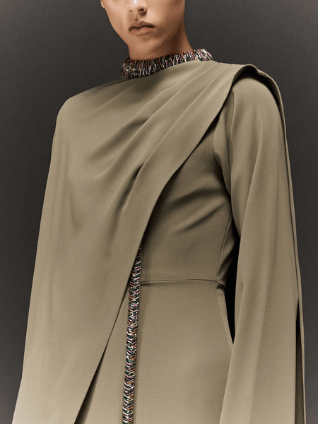 PISTACHIO SEMI FIT FULL SLEEVED DRESS WITH OVERLAY AND BEADED MULTICOLOR EMBROIDERY