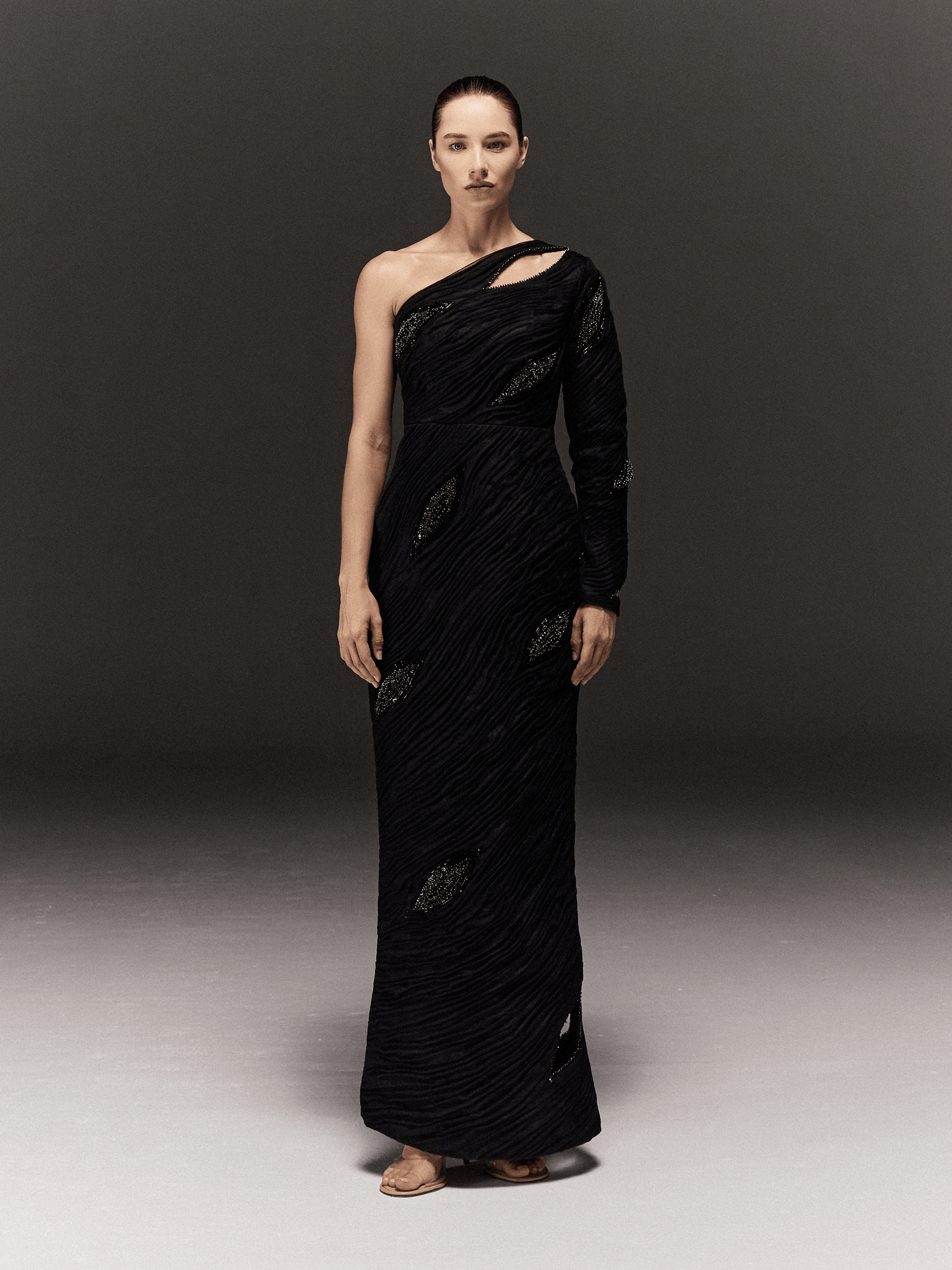 BLACK PENCIL FIT ONE SHOULDER DRESS WITH HAND EMBROIDERED DETAILS