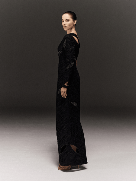 BLACK PENCIL FIT ONE SHOULDER DRESS WITH HAND EMBROIDERED DETAILS