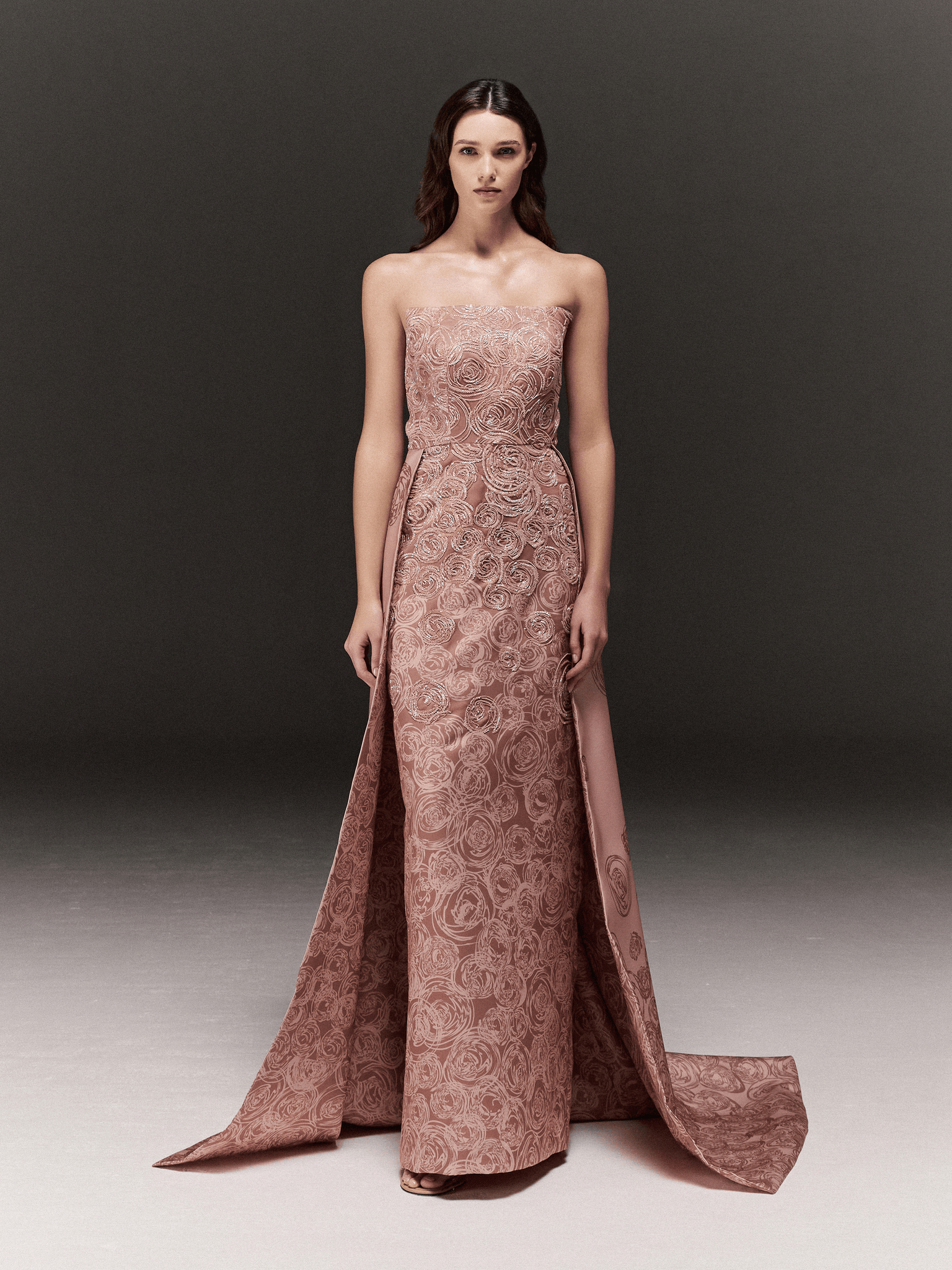 PEACH ROSE PRINTED AND EMBROIDERED TUBE DRESS WITH TRAIL