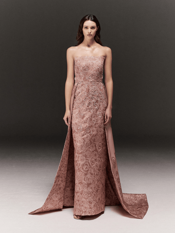 PEACH ROSE PRINTED AND EMBROIDERED TUBE DRESS WITH TRAIL