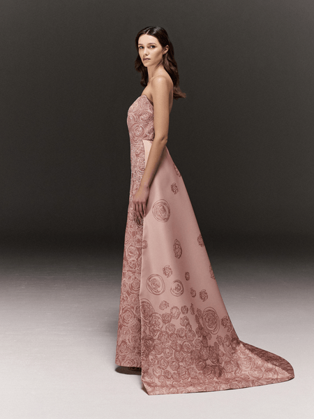 PEACH ROSE PRINTED AND EMBROIDERED TUBE DRESS WITH TRAIL