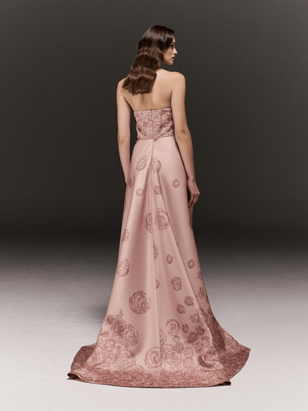 PEACH ROSE PRINTED AND EMBROIDERED TUBE DRESS WITH TRAIL