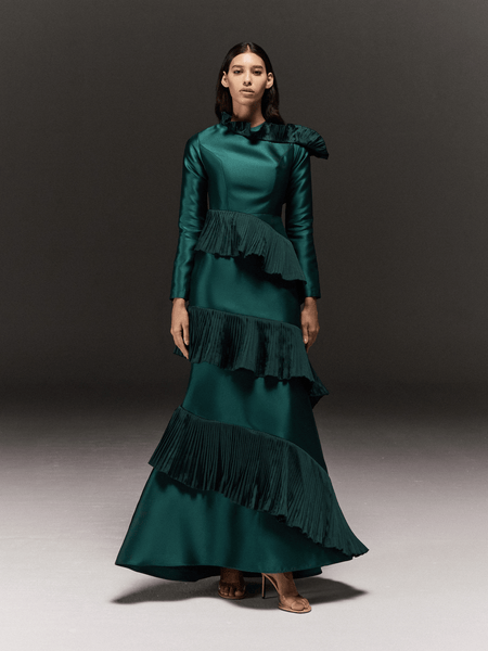 GREEN SATIN ASYMMETRIC RUFFLES FLARED DRESS