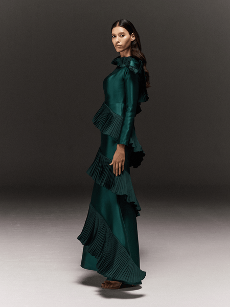 GREEN SATIN ASYMMETRIC RUFFLES FLARED DRESS
