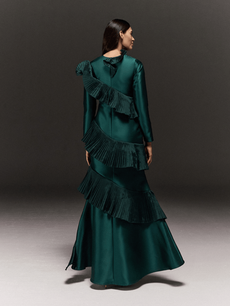 GREEN SATIN ASYMMETRIC RUFFLES FLARED DRESS