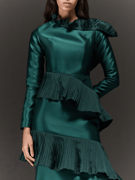 GREEN SATIN ASYMMETRIC RUFFLES FLARED DRESS