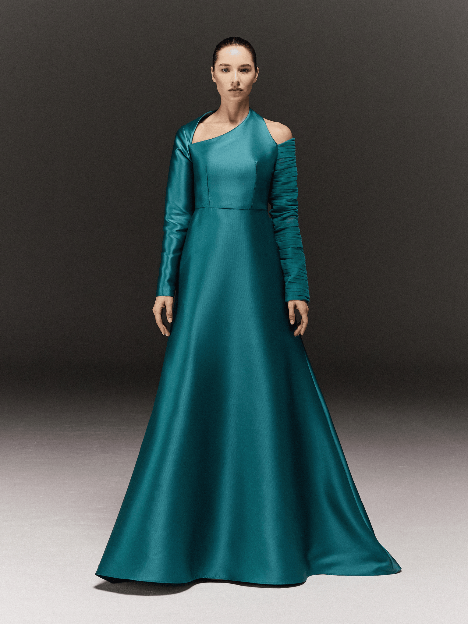 TEAL SATIN AND TULLE ASYMMETRIC SHOULDER FLARED DRESS