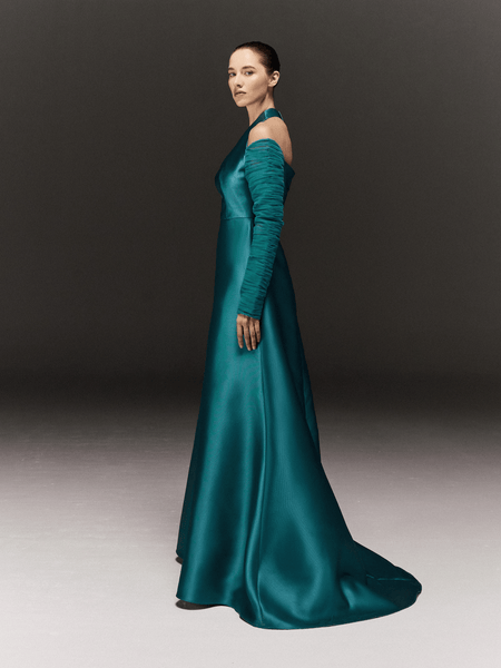 TEAL SATIN AND TULLE ASYMMETRIC SHOULDER FLARED DRESS