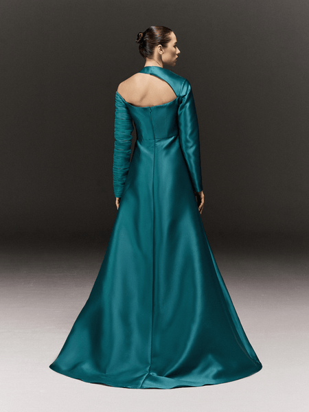 TEAL SATIN AND TULLE ASYMMETRIC SHOULDER FLARED DRESS