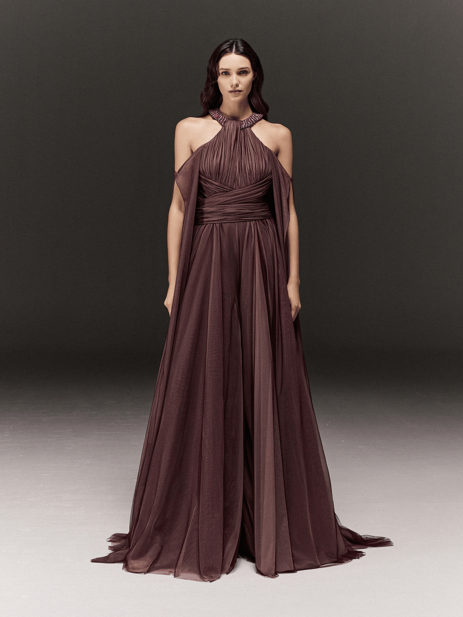 TWO TONED SOFT TULLE HALTERNECK JUMPSUIT WITH EMBROIDERY