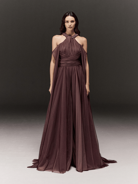 TWO TONED SOFT TULLE HALTERNECK JUMPSUIT WITH EMBROIDERY