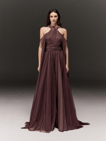 TWO TONED SOFT TULLE HALTERNECK JUMPSUIT WITH EMBROIDERY