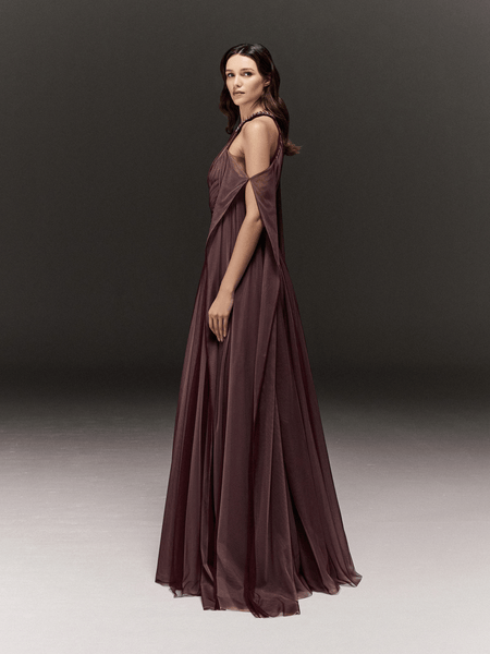 TWO TONED SOFT TULLE HALTERNECK JUMPSUIT WITH EMBROIDERY