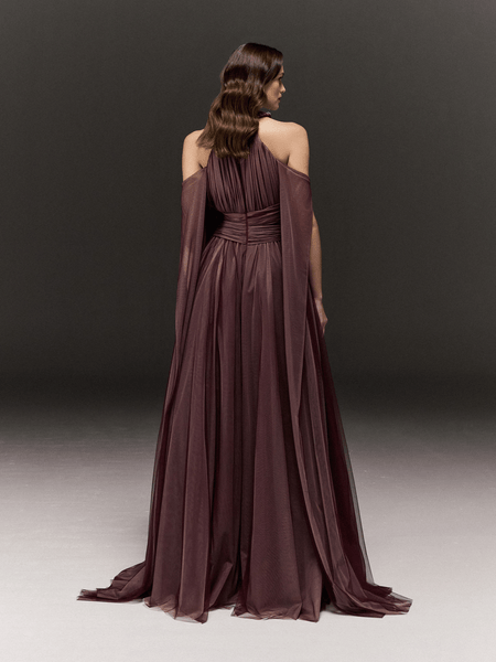 TWO TONED SOFT TULLE HALTERNECK JUMPSUIT WITH EMBROIDERY