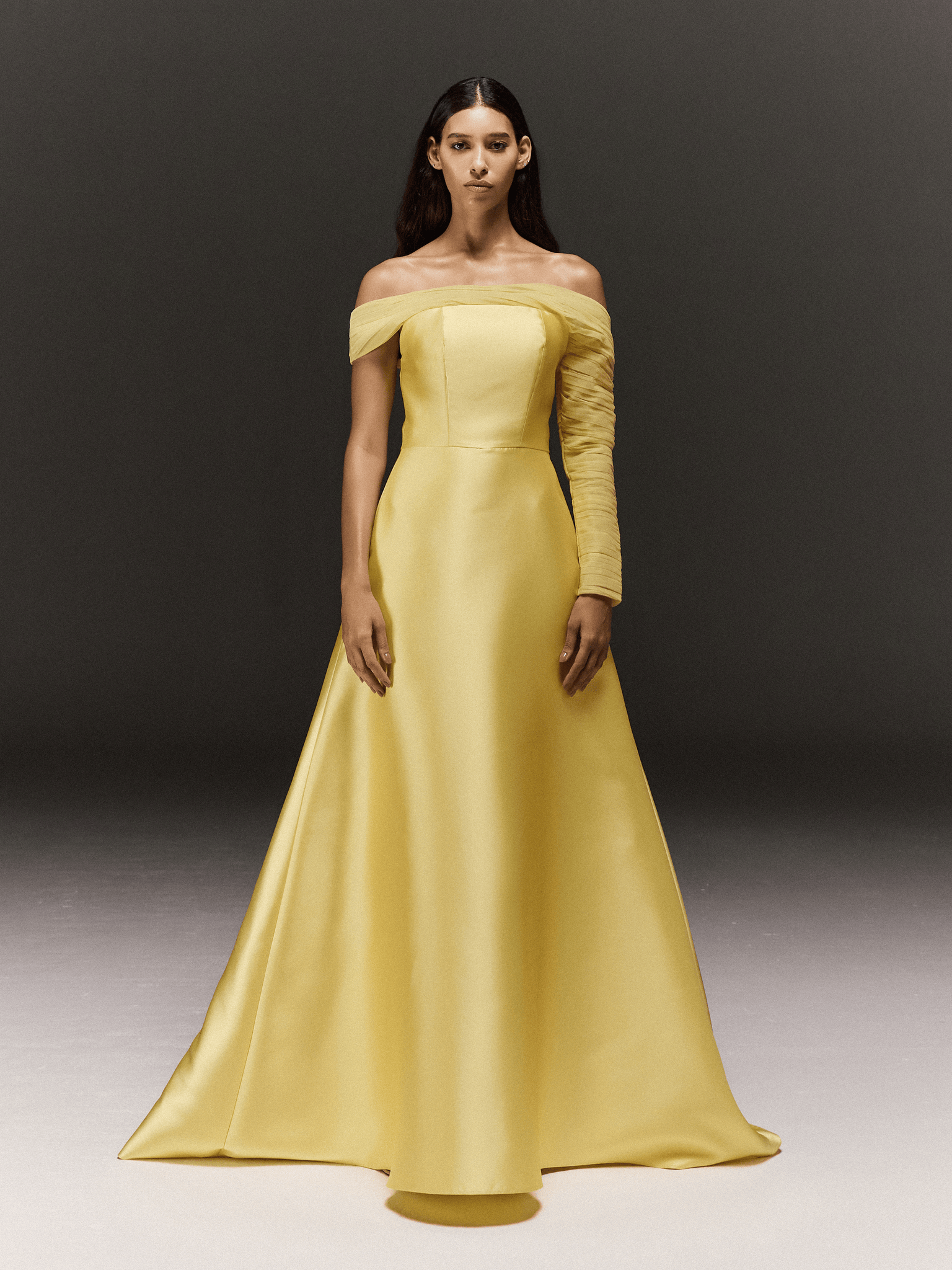 YELLOW SATIN AND TULLE ASYMMETRIC FLARED DRESS