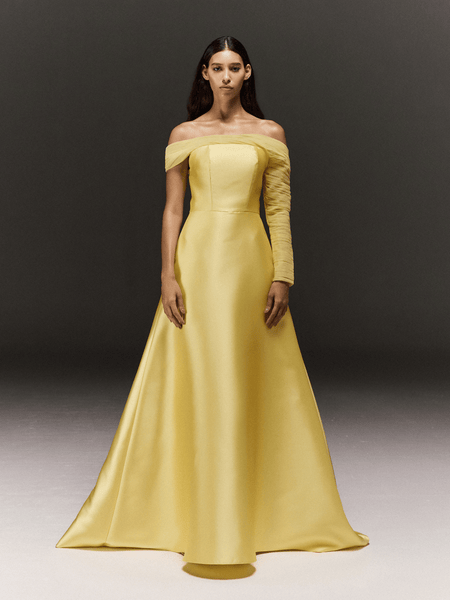 YELLOW SATIN AND TULLE ASYMMETRIC FLARED DRESS