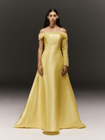 YELLOW SATIN AND TULLE ASYMMETRIC FLARED DRESS