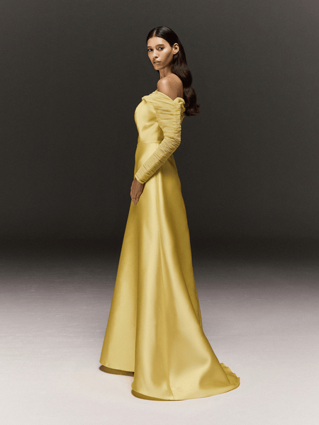 YELLOW SATIN AND TULLE ASYMMETRIC FLARED DRESS