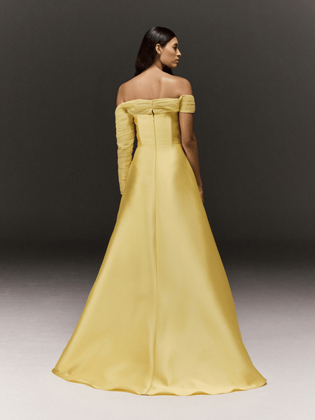 YELLOW SATIN AND TULLE ASYMMETRIC FLARED DRESS