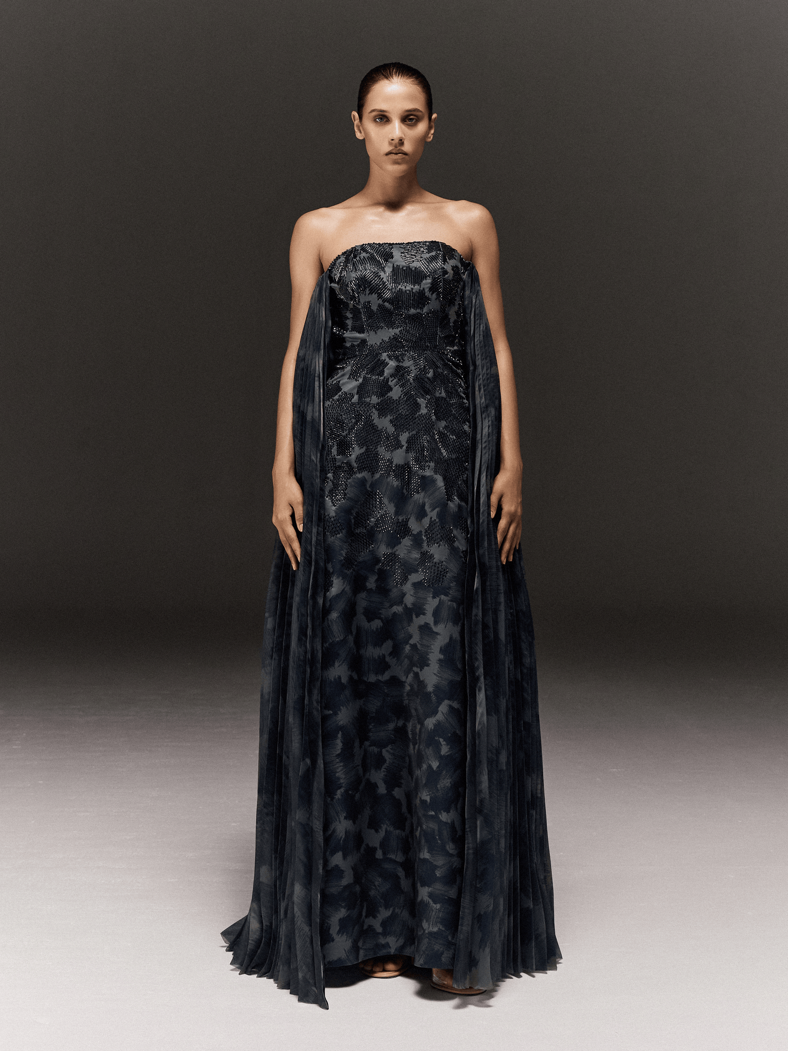 GREY PRINTED AND EMBROIDERED TUBE STRAIGHT FIT DRESS WITH PLEATED ORGANZA TRAIL