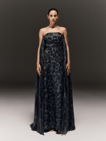 GREY PRINTED AND EMBROIDERED TUBE STRAIGHT FIT DRESS WITH PLEATED ORGANZA TRAIL