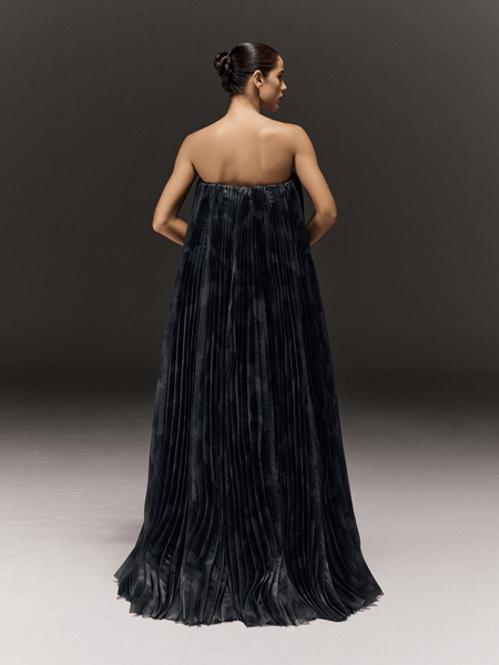 GREY PRINTED AND EMBROIDERED TUBE STRAIGHT FIT DRESS WITH PLEATED ORGANZA TRAIL