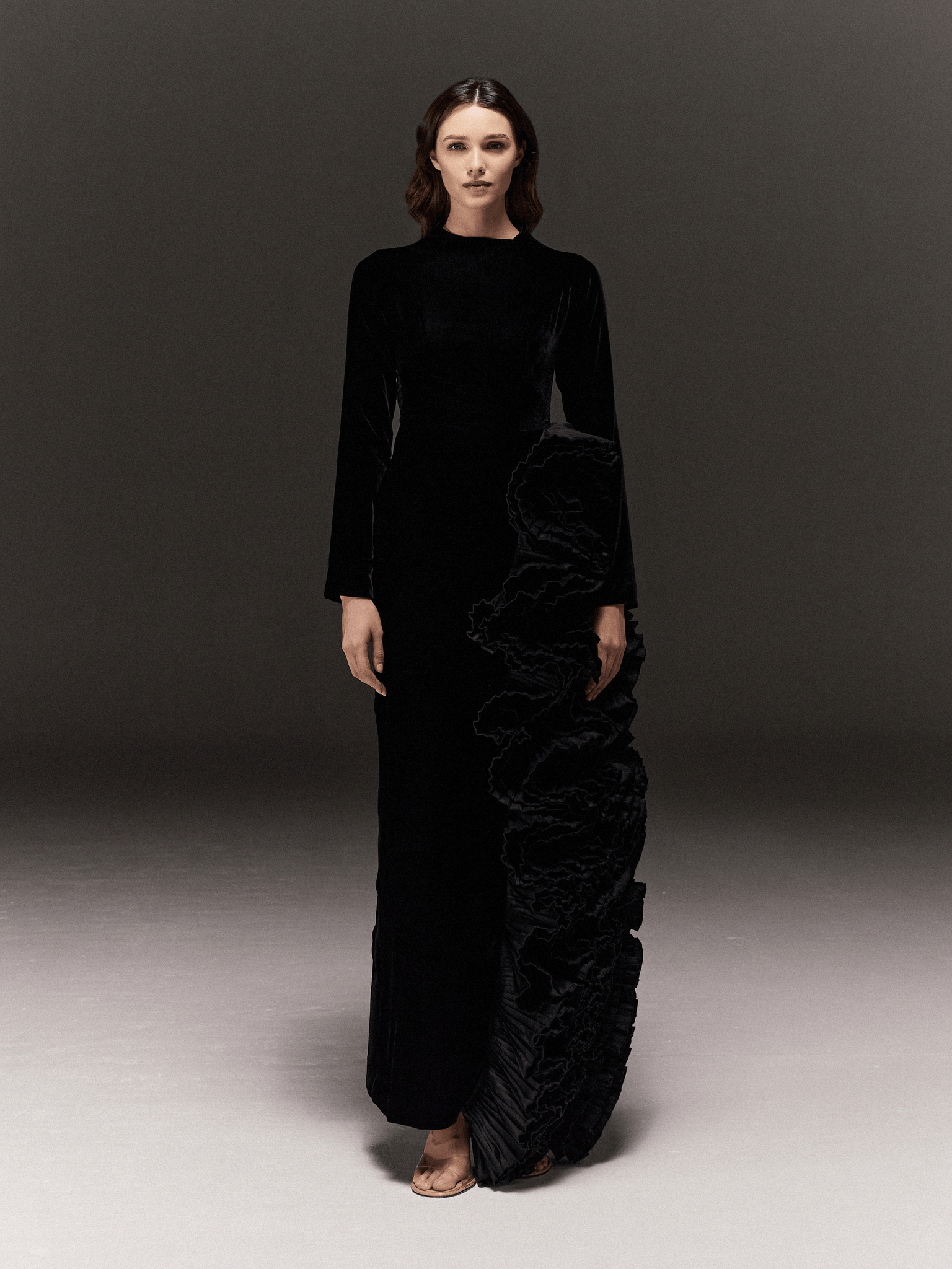 BLACK VELVET PENCIL FIT DRESS WITH ASYMMETRIC EXAGERATED RUFFLES