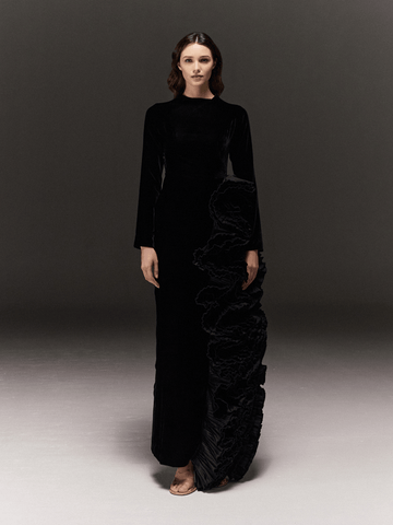 BLACK VELVET PENCIL FIT DRESS WITH ASYMMETRIC EXAGERATED RUFFLES