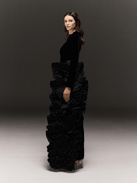 BLACK VELVET PENCIL FIT DRESS WITH ASYMMETRIC EXAGERATED RUFFLES