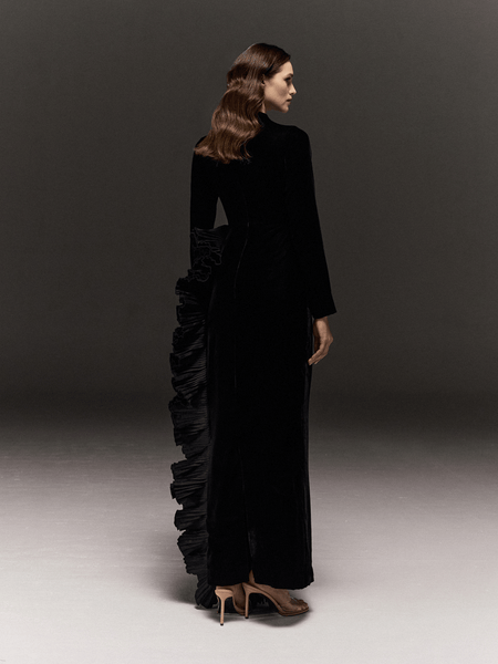 BLACK VELVET PENCIL FIT DRESS WITH ASYMMETRIC EXAGERATED RUFFLES