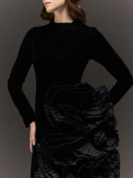 BLACK VELVET PENCIL FIT DRESS WITH ASYMMETRIC EXAGERATED RUFFLES