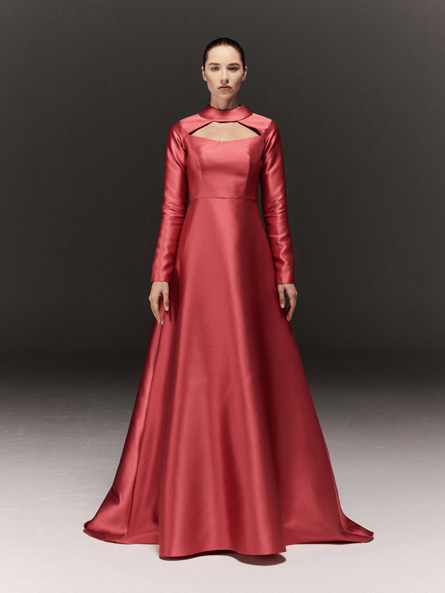 PINK SATIN RAGLAN NECK FLARED DRESS