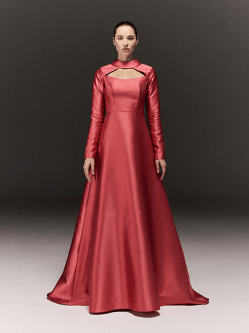 PINK SATIN RAGLAN NECK FLARED DRESS