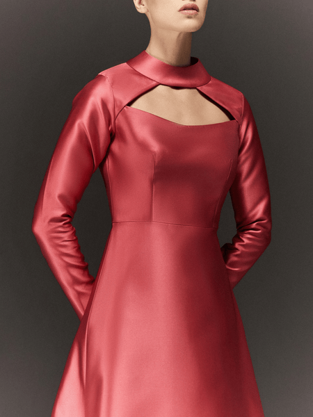 PINK SATIN RAGLAN NECK FLARED DRESS