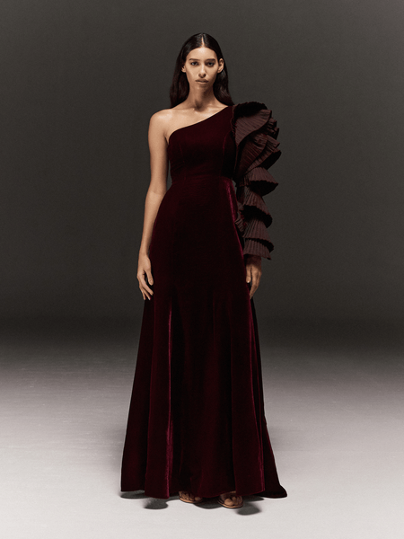MAROON VELVET PANELLED FLARED ONE SHOULDER DRESS WITH RUFFLED SLEEVES