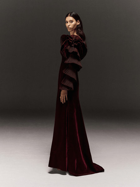 MAROON VELVET PANELLED FLARED ONE SHOULDER DRESS WITH RUFFLED SLEEVES
