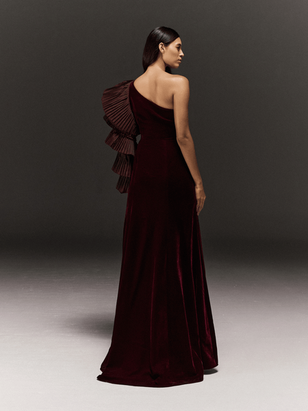 MAROON VELVET PANELLED FLARED ONE SHOULDER DRESS WITH RUFFLED SLEEVES